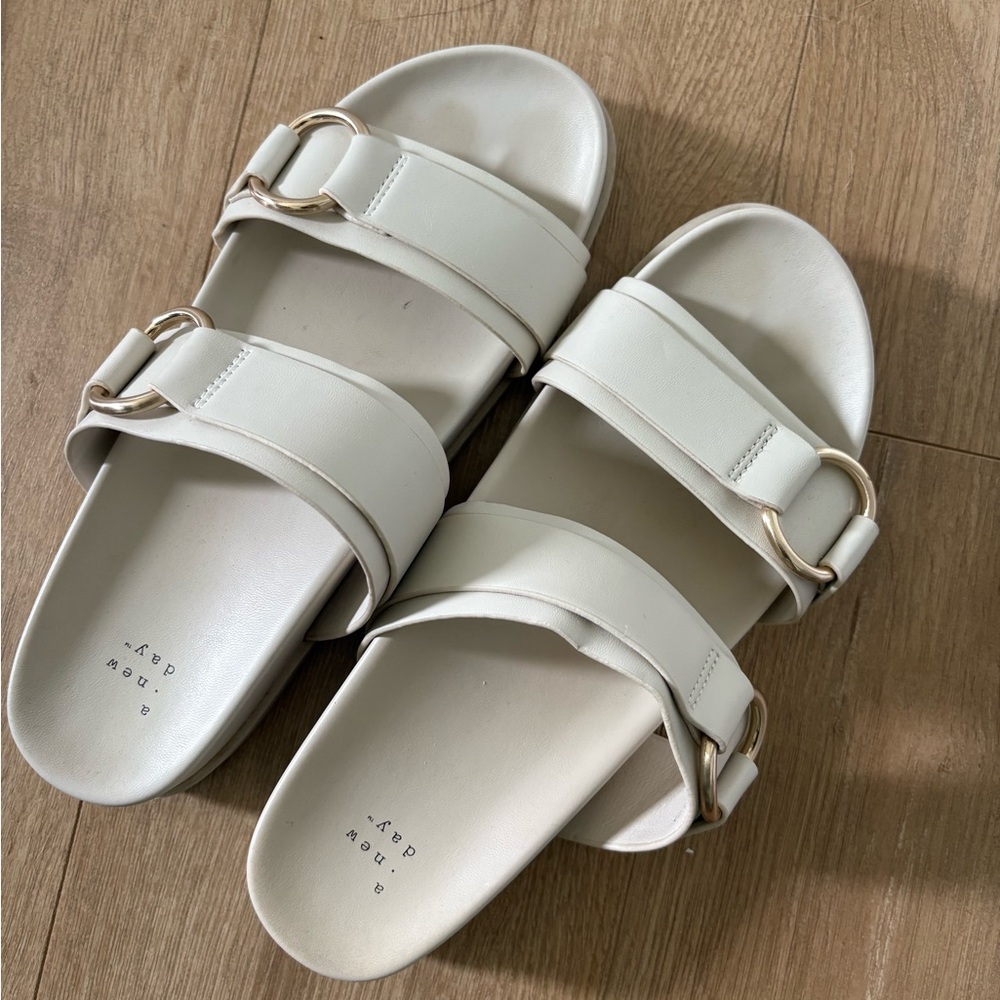 A New Day White Slide Sandals with Gold Buckles